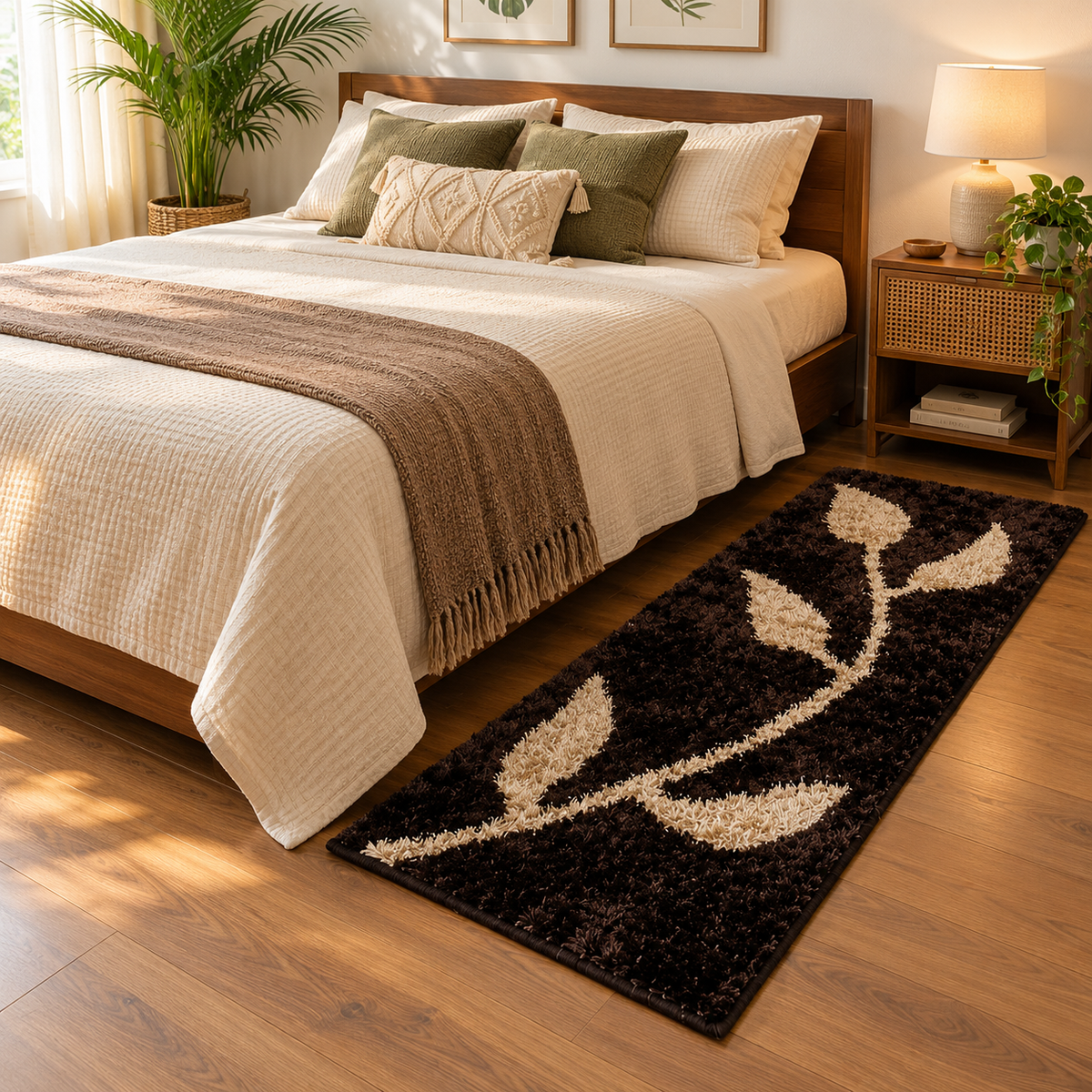 Brown with Beige Leaf Beautiful Premium Microfiber Bedside Runner