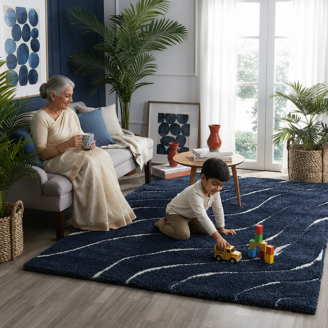 KashyapaRugs navy blue waves microfiber carpet – soothing wave pattern in rich navy blue, soft plush microfiber surface, anti-skid rubber backing for living rooms and bedrooms