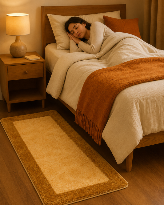 Ivory & Beige Bedside Runner – Soft Microfiber, Anti-Skid Rubber Backing