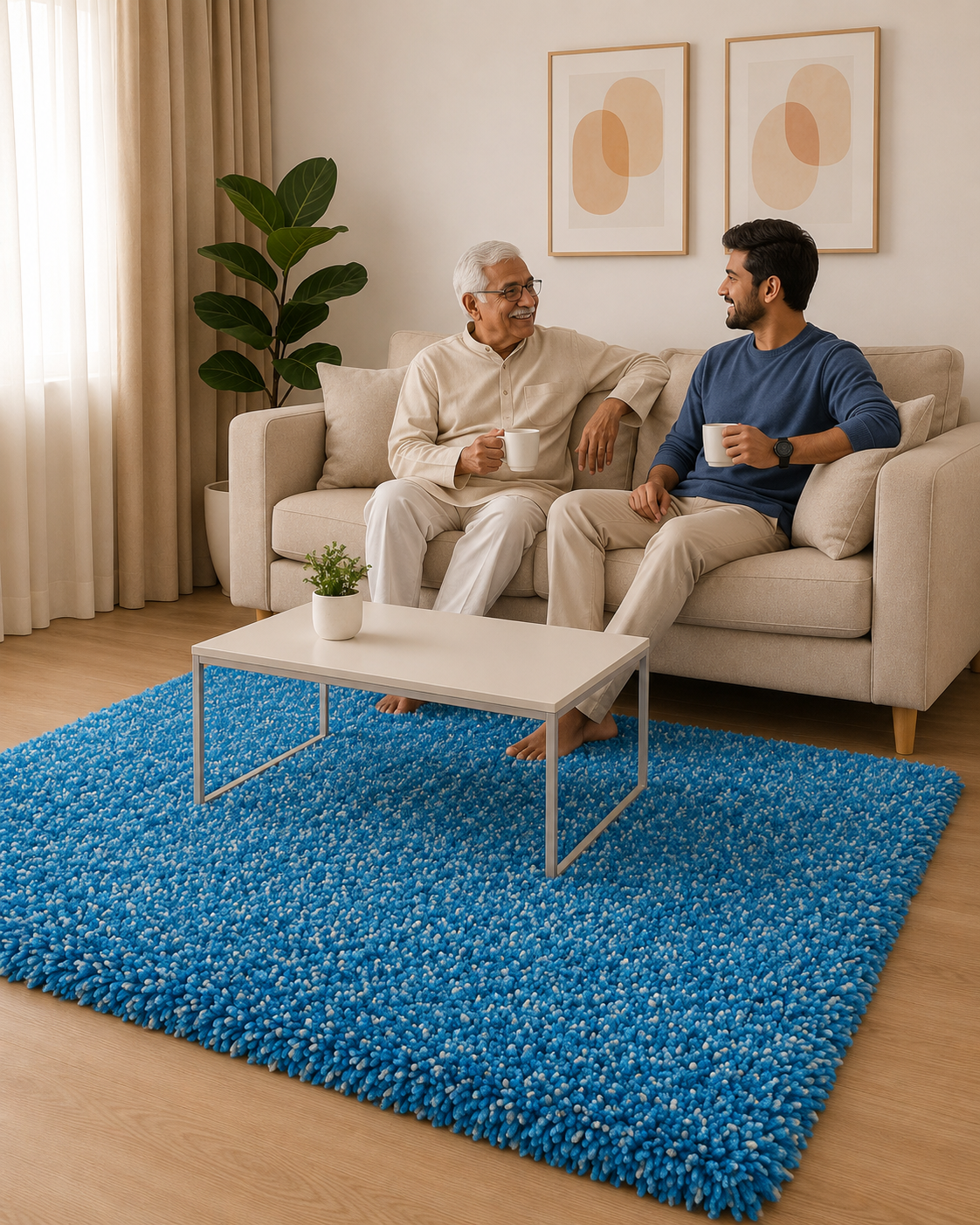 Royal Blue with Ivory Shaggy Carpet – Soft Feel with Anti-Skid Rubber Backing