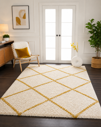 Yellow & Cream Moroccan Design Microfiber Carpet – Soft Feel with Anti-Skid Rubber Backing