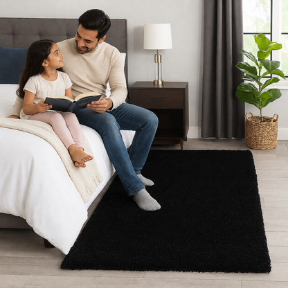 2 inch long pile Extra fluffy Black  Premium Microfiber Bedside Runner -  Soft Feel, Anti-Skid Rubber Backing