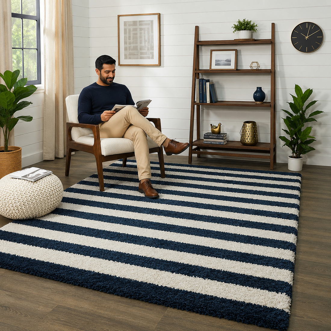 KashyapaRugs navy blue and ivory modern microfiber carpet – contemporary dual-tone pattern with soft plush microfiber surface for modern living rooms and bedrooms, anti-skid rubber backing