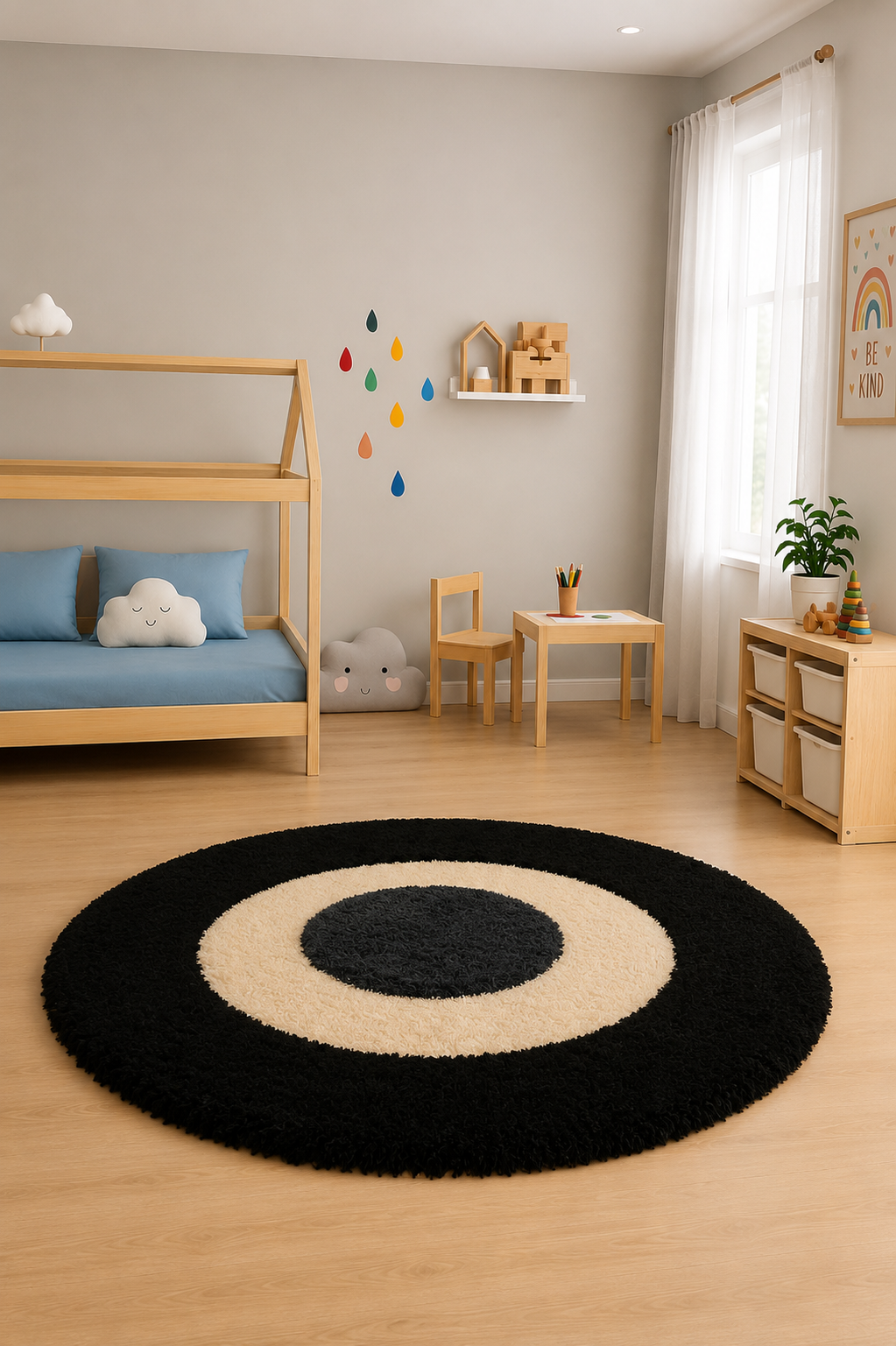 Black & White Round Carpet - Soft Feel with Anti-Skid Backing