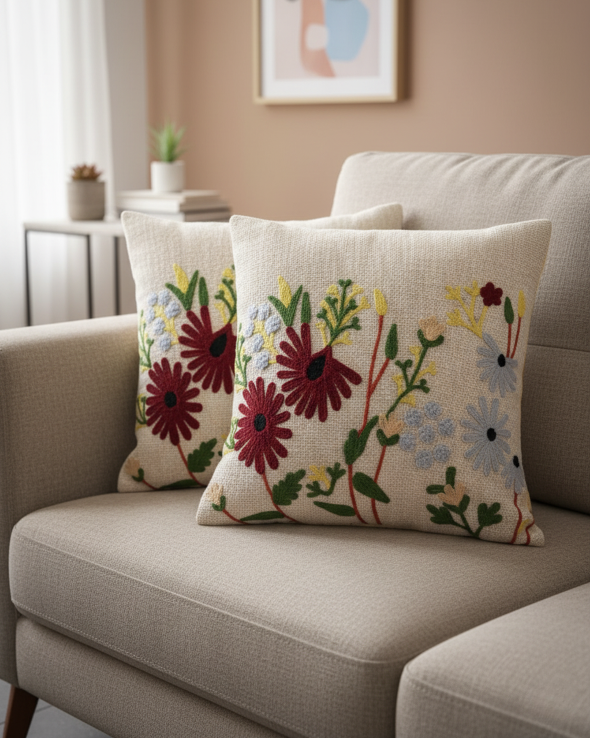 Elegant Designer Cushion Covers – Soft & Durable with Beautiful Floral Embroidery for Living Room Sofa-015