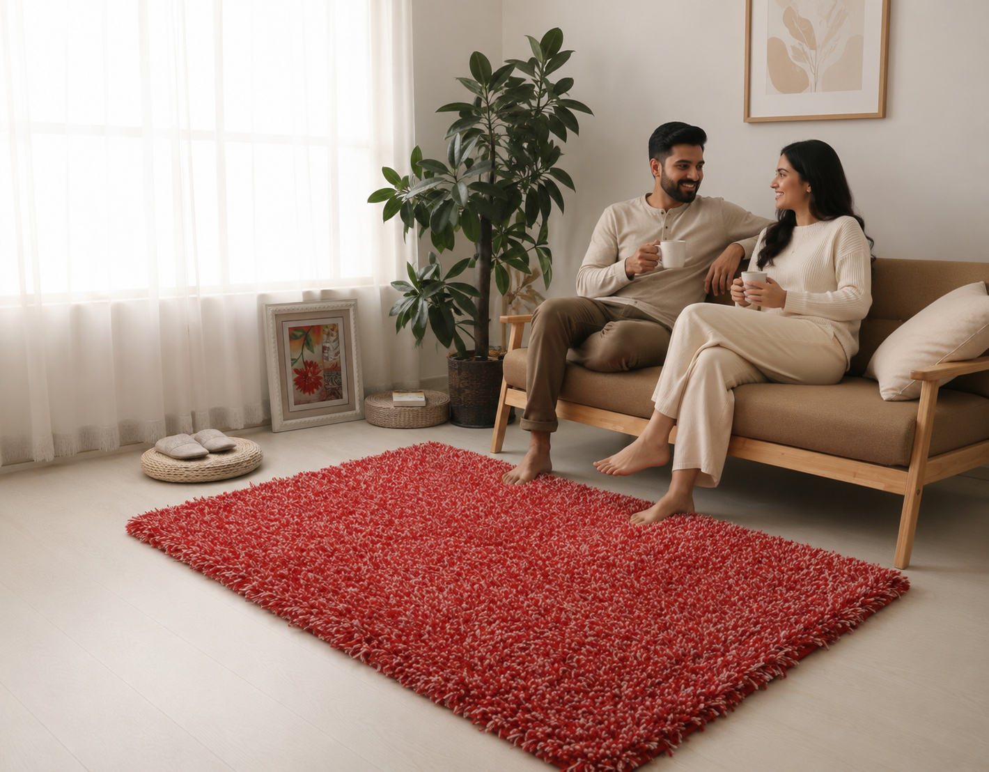 KashyapaRugs red and ivory shaggy carpet – 2-inch long pile extra soft microfiber surface with bold red and ivory contrast, anti-skid rubber backing for living rooms and bedrooms