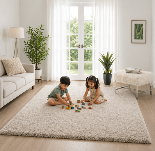 Premium Beige & Ivory Mix Microfiber Carpet – 2-Inch Pile, Luxurious Soft Touch, Anti-Skid Base