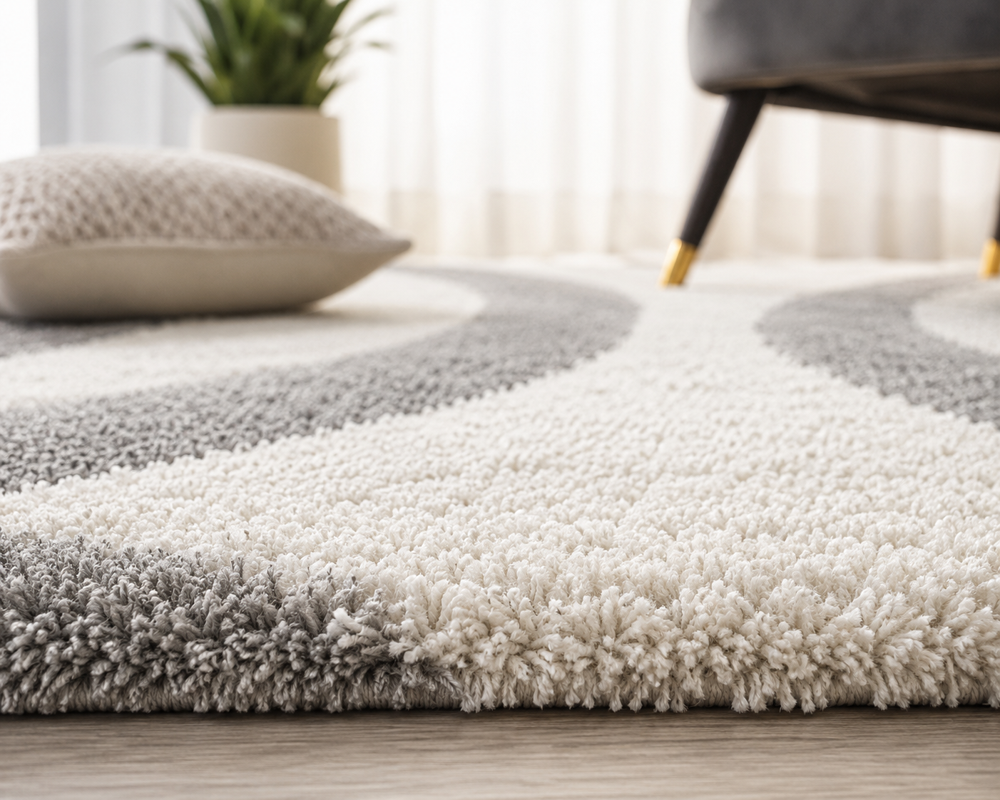 Ivory & Grey Shaggy Hand-Tufted Microfiber Carpet – Soft Touch with Anti-Skid Rubber Backing