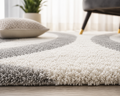 Ivory & Grey Shaggy Hand-Tufted Microfiber Carpet – Soft Touch with Anti-Skid Rubber Backing