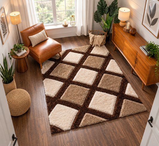Modern Brown, Beige & Ivory Geometric Shaggy Living Room Carpet with Anti-Skid Backing