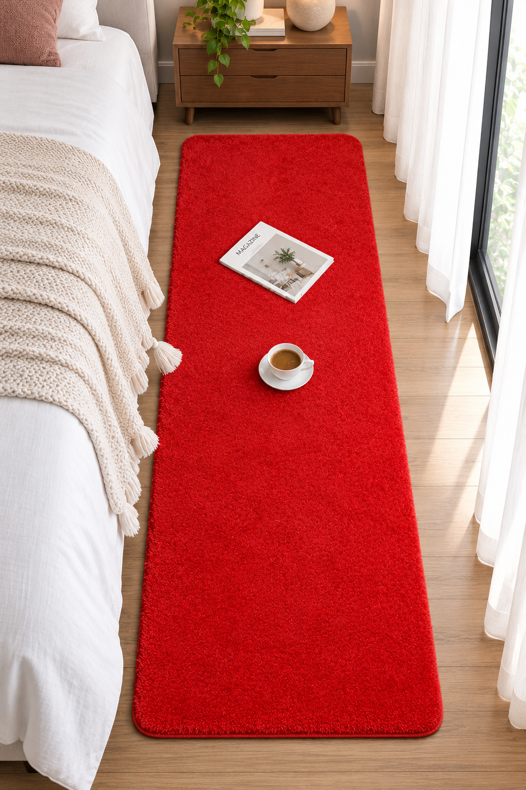 Vibrant Red Bedside Runner – 12mm Low Pile Soft Shaggy Carpet with Anti-Skid Backing