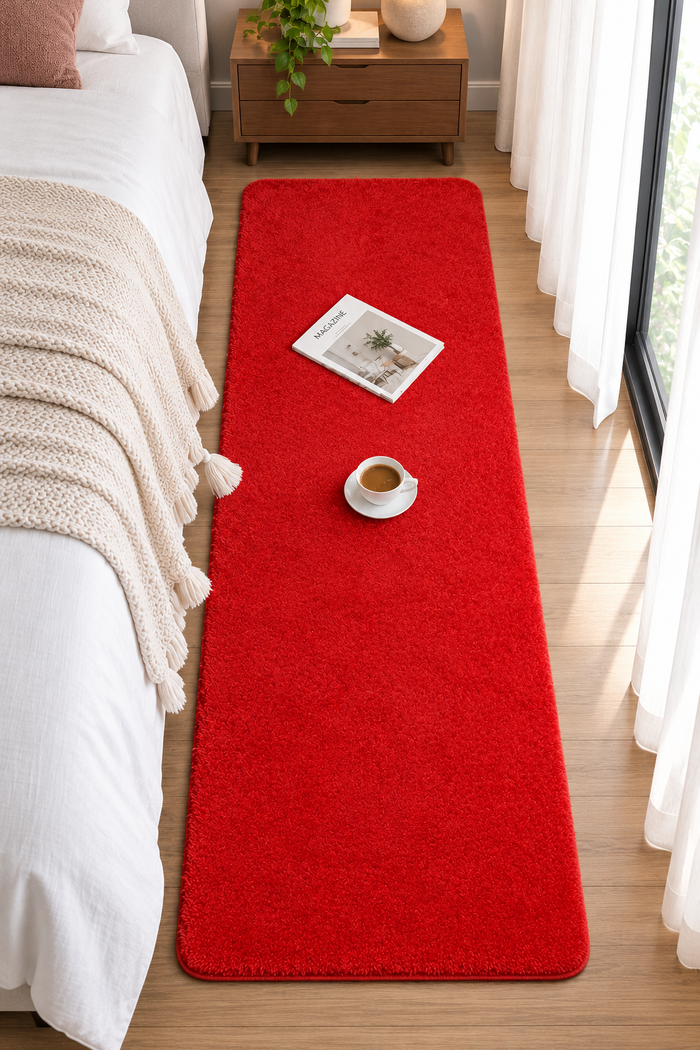 Vibrant Red Bedside Runner – 12mm Low Pile Soft Shaggy Carpet with Anti-Skid Backing