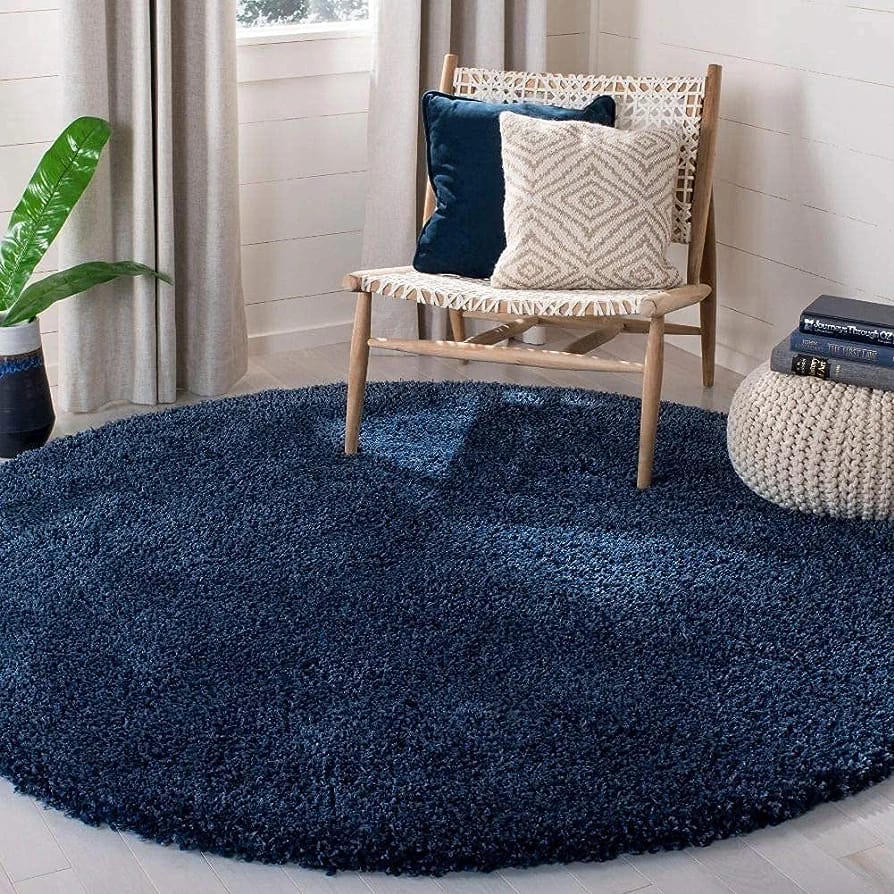 Navy Blue Plain - Premium Round Shaggy Rug | Rug For Living Room | Rug For Bedroom