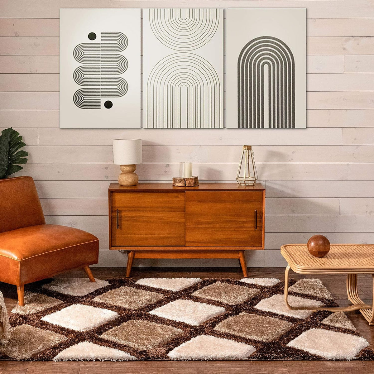 Modern Brown, Beige & Ivory Geometric Shaggy Living Room Carpet with Anti-Skid Backing