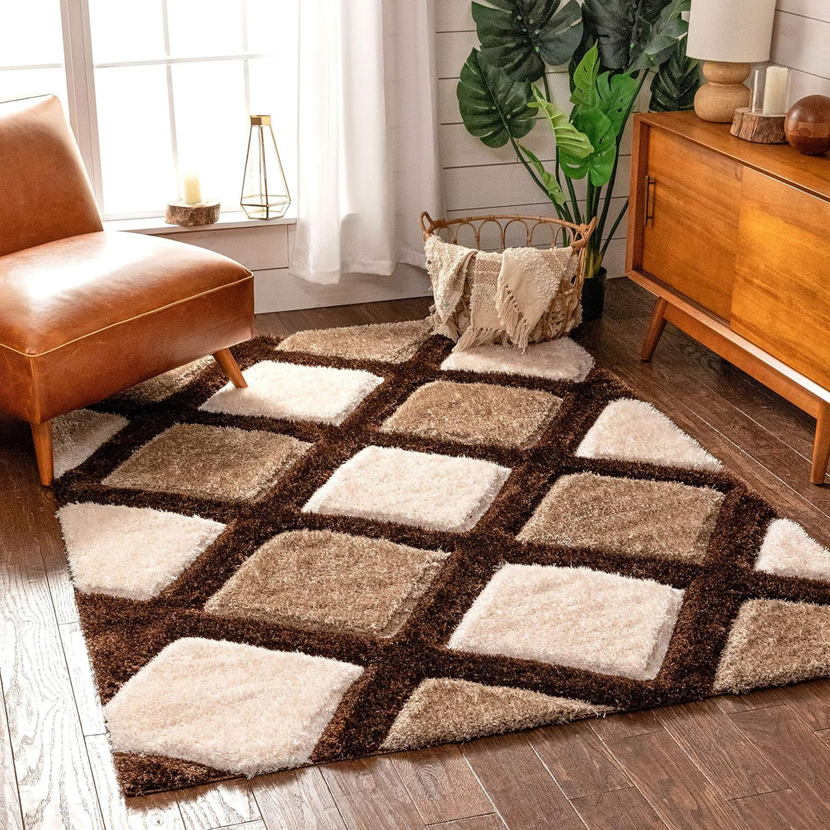 Modern Brown, Beige & Ivory Geometric Shaggy Living Room Carpet with Anti-Skid Backing