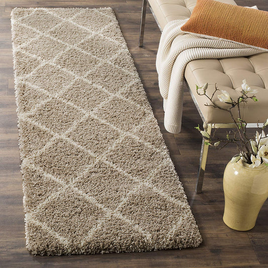 Kashyapa Rugs Collection-  Beige & Ivory Soft Microfiber Fluffy Microfiber Shaggy Bedside runner.