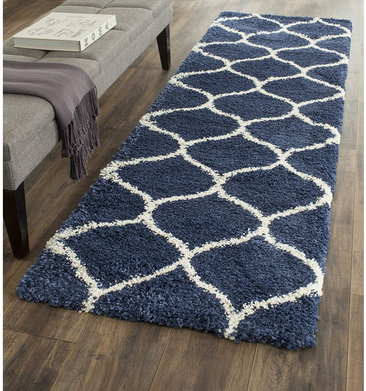 Navy Blue & Ivory Geometric Bedside Runner with Anti-Skid Backing