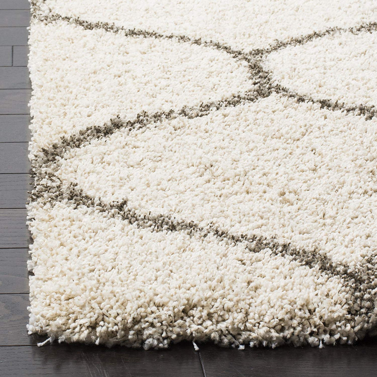 Modern Ivory & Grey Geometric Shaggy Runner Rug with Anti-Skid Backing