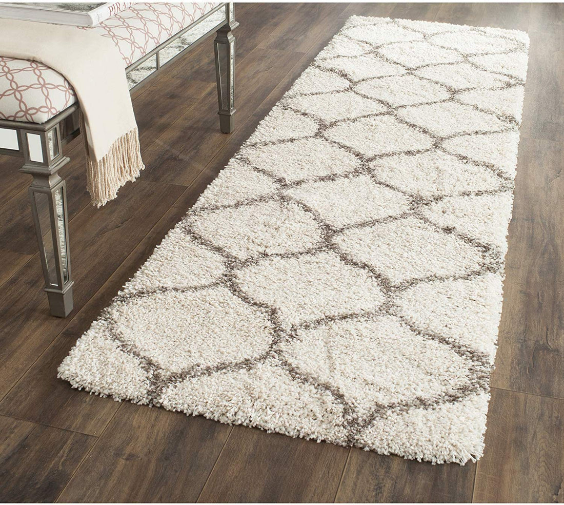 Modern Ivory & Grey Geometric Shaggy Runner Rug with Anti-Skid Backing