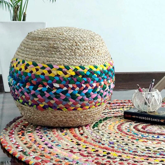 Braided Multi Chindi Jute Pouf. 40x40x40 CM.