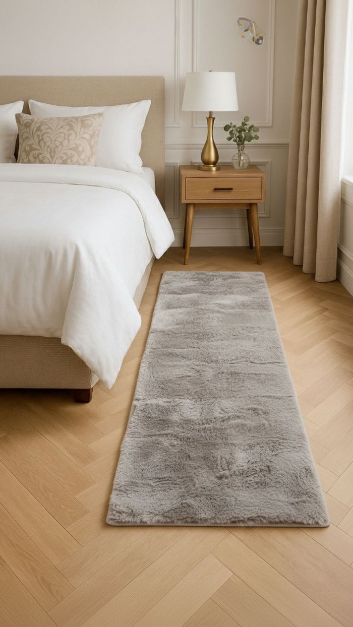 Supersoft Light Grey Bedside Runner Rabbit Fur for Cozy Bedside Comfort