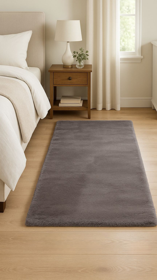 Supersoft Grey Rabbit Fur Bedside Runner