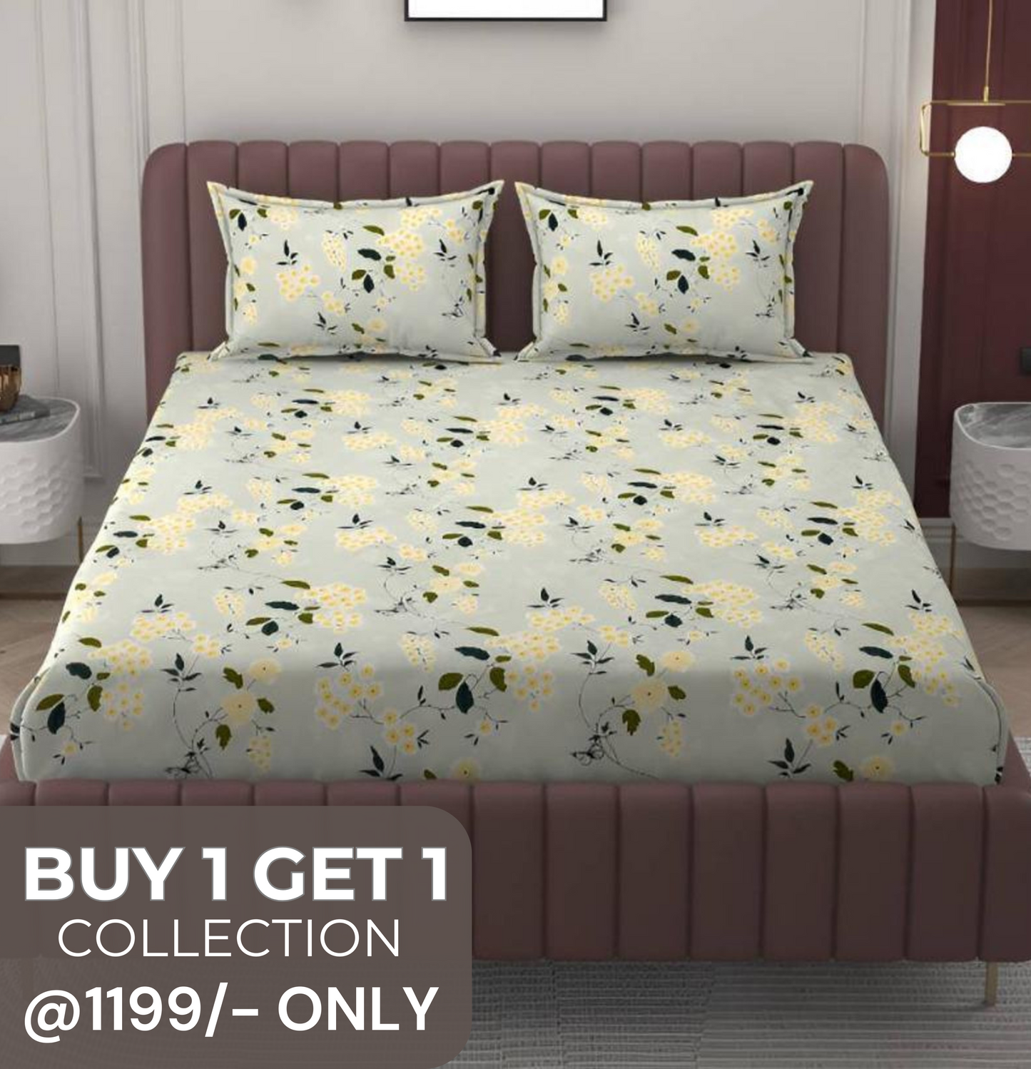 Kashyapa Rugs Microfiber King Printed Fitted (Elastic) Bedsheet  (Pack of 1 Bedsheet + 2 Pillow Covers, Green, flower)