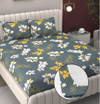 Kashyapa Rugs  Premium Cotton Grey leaf 🌿 Fitted Bedsheet – Double Bed Size with 2 Pillow Covers