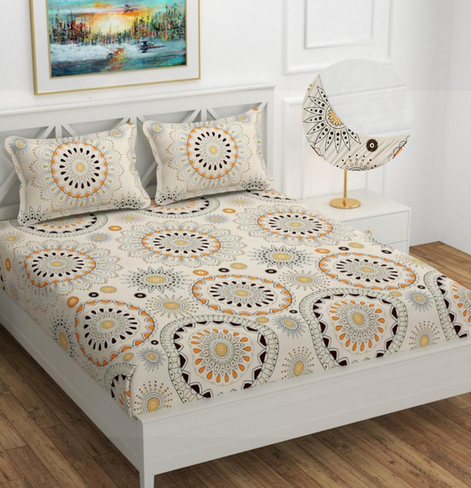Kashyapa Rugs  Premium Cotton ☀️Rangoli Charkha🛞 Fitted Bedsheet - Double Bed Size with 2 Pillow Covers
