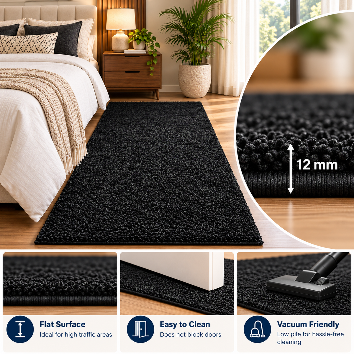 Black Shaggy Bedside Runner – Premium 12mm Low Pile Bedroom Carpet