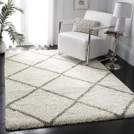 ivory with grey Diamond Design shaggy rug carpet