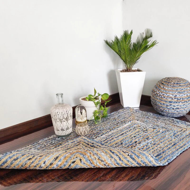 Jeans With Natural Jute Hand Braided Rugs.