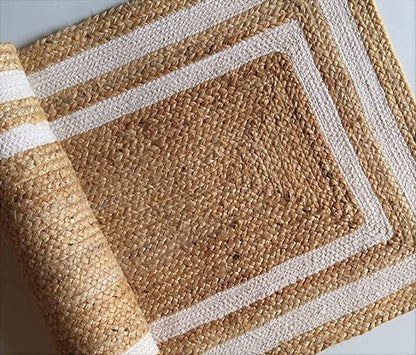 Natural and Bleached Double Border Jute Handmade Braided Area Rugs.