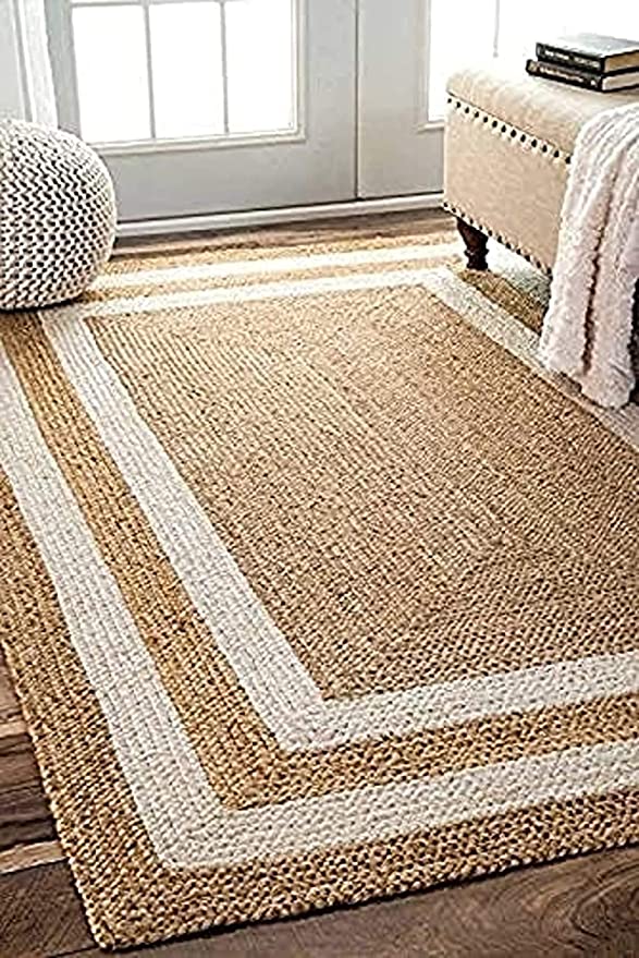 Natural and Bleached Double Border Jute Handmade Braided Area Rugs.