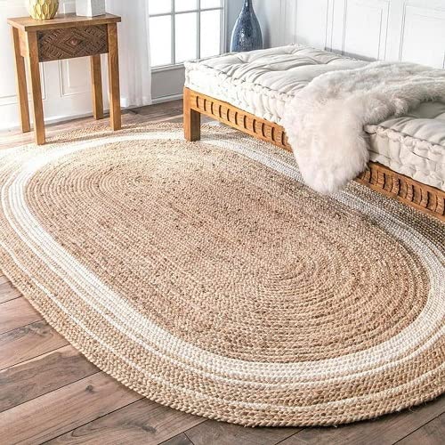 Kashyaparugs handbraided natural & white double border oval jute area rug – anti-skid, eco-friendly, multiple sizes available