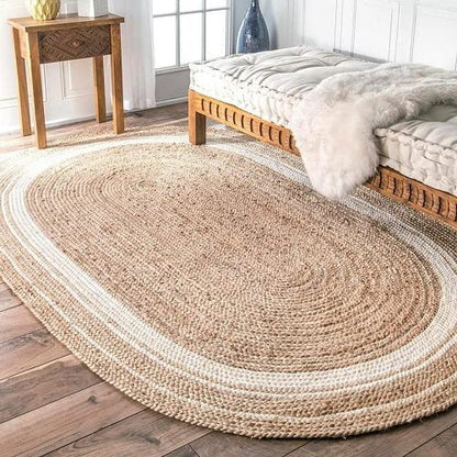 Natural & White Double Border Oval Shaped Jute Area Rug
