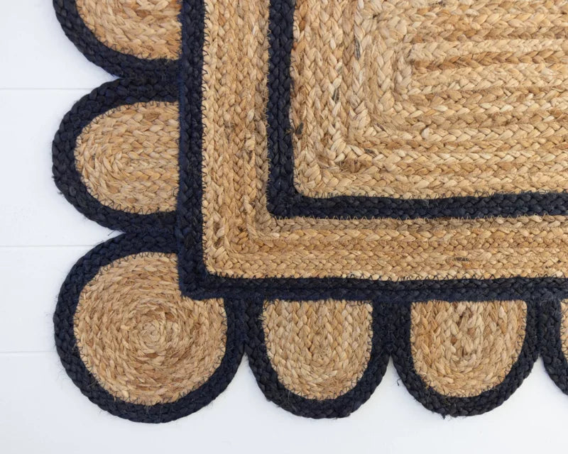 Natural Jute With Black Dye  Scalloped Design Handmade Braided Farmhouse Rectangle Jute Area Rug.