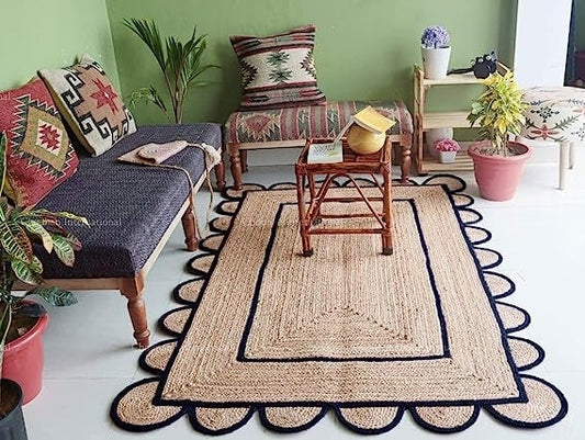 Natural Jute With Black Dye  Scalloped Design Handmade Braided Farmhouse Rectangle Jute Area Rug.