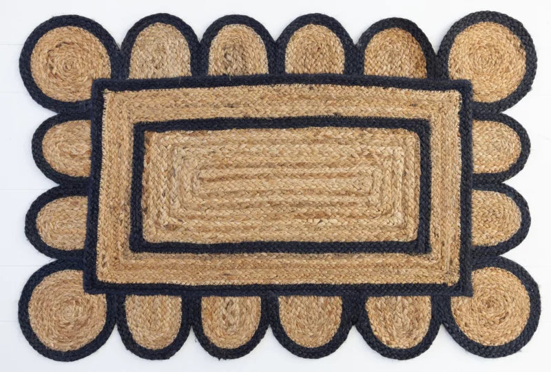 Natural Jute With Black Dye  Scalloped Design Handmade Braided Farmhouse Rectangle Jute Area Rug.