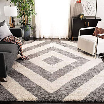Fluffy Micro Moroccan Diamond Carpet In Cream And Grey.