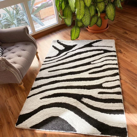 Kashyapa Rugs Collection - Handmade Zebra Pattern Microfiber Carpet for Living Room Bedroom Hall & Home - Black & White