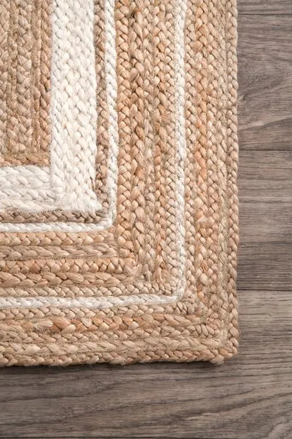 Natural & White Jute Border Handmade Braided Area Rug.