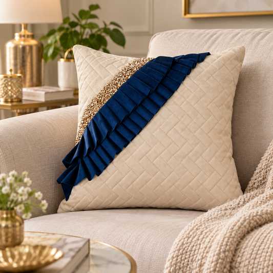 Luxury Quilted Cushion Cover with Ruffle Detailing | Cream & Navy Blue Embellished Gold Sequin Decorative Pillow Cover for Sofa & Living Room