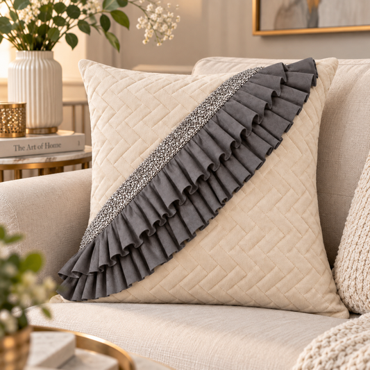 Luxury Quilted Cushion Cover with Ruffle Detailing | Cream & Grey Embellished Sequin Decorative Pillow Cover for Sofa & Living Room