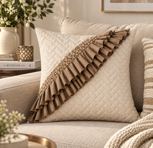 Luxury Quilted Cushion Cover with Ruffle Detailing | Cream & Taupe Embellished Textured Decorative Pillow Cover for Sofa & Living Room