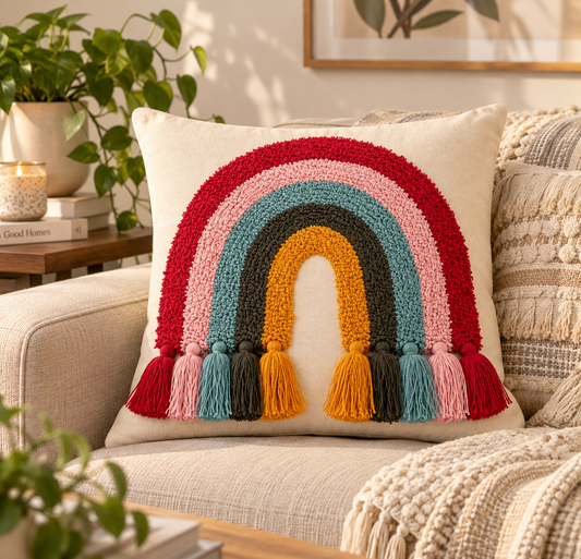 Boho Rainbow Textured Cushion Cover with Tassels | Multicolor Arch Design Decorative Pillow Cover for Sofa & Living Room