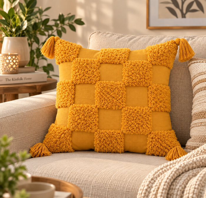 Boho Mustard Textured Cushion Cover with Tassels | Geometric Tufted Decorative Pillow Cover for Sofa & Living Room