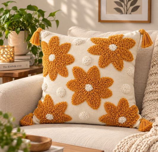 Floral Embroidery Cotton Cushion Cover | 16x16 Inch Pure Cotton Textured Decorative Pillow Cover for Sofa & Living Room