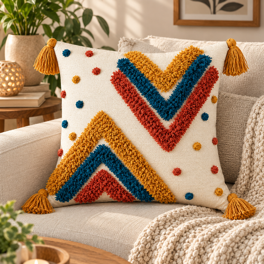 Boho Striped Cushion Cover with Tassels | Blue, Mustard, Red & Beige Textured Decorative Pillow Cover for Sofa & Living Room