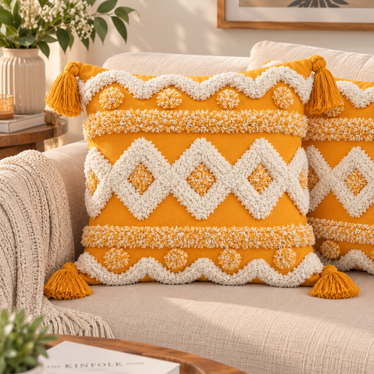 Boho Geometric Cushion Cover with Tassels | Mustard Yellow & Ivory Textured Decorative Pillow Cover for Sofa & Living Room